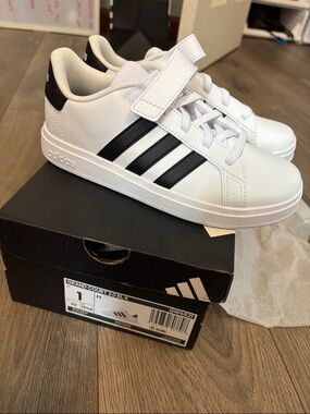 adidas White Sneakers with Black Stripes and Strap